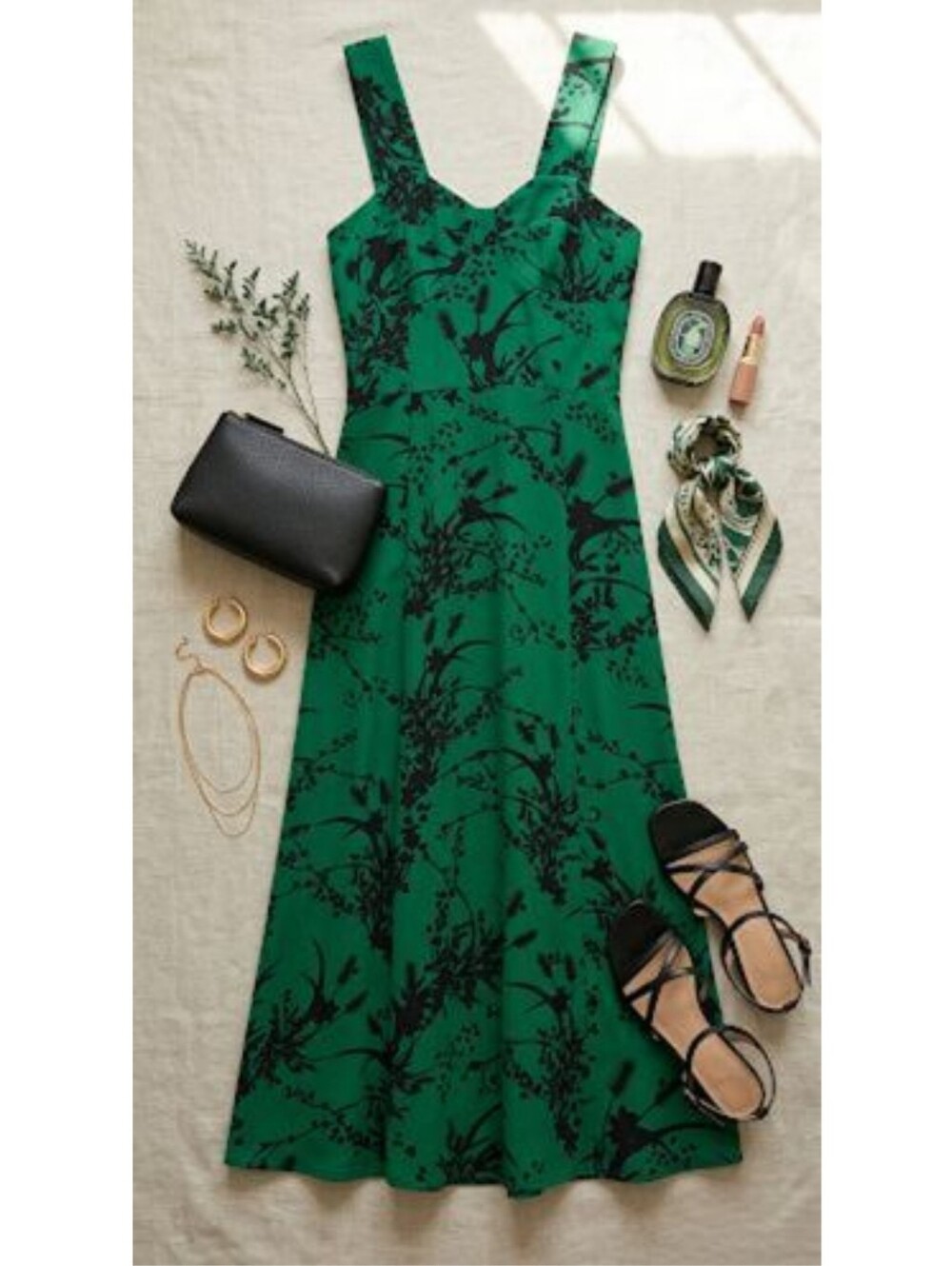 NWT Chic Green Floral Print Midi Dress With Front Side  Slit, Slim Fit, Size S